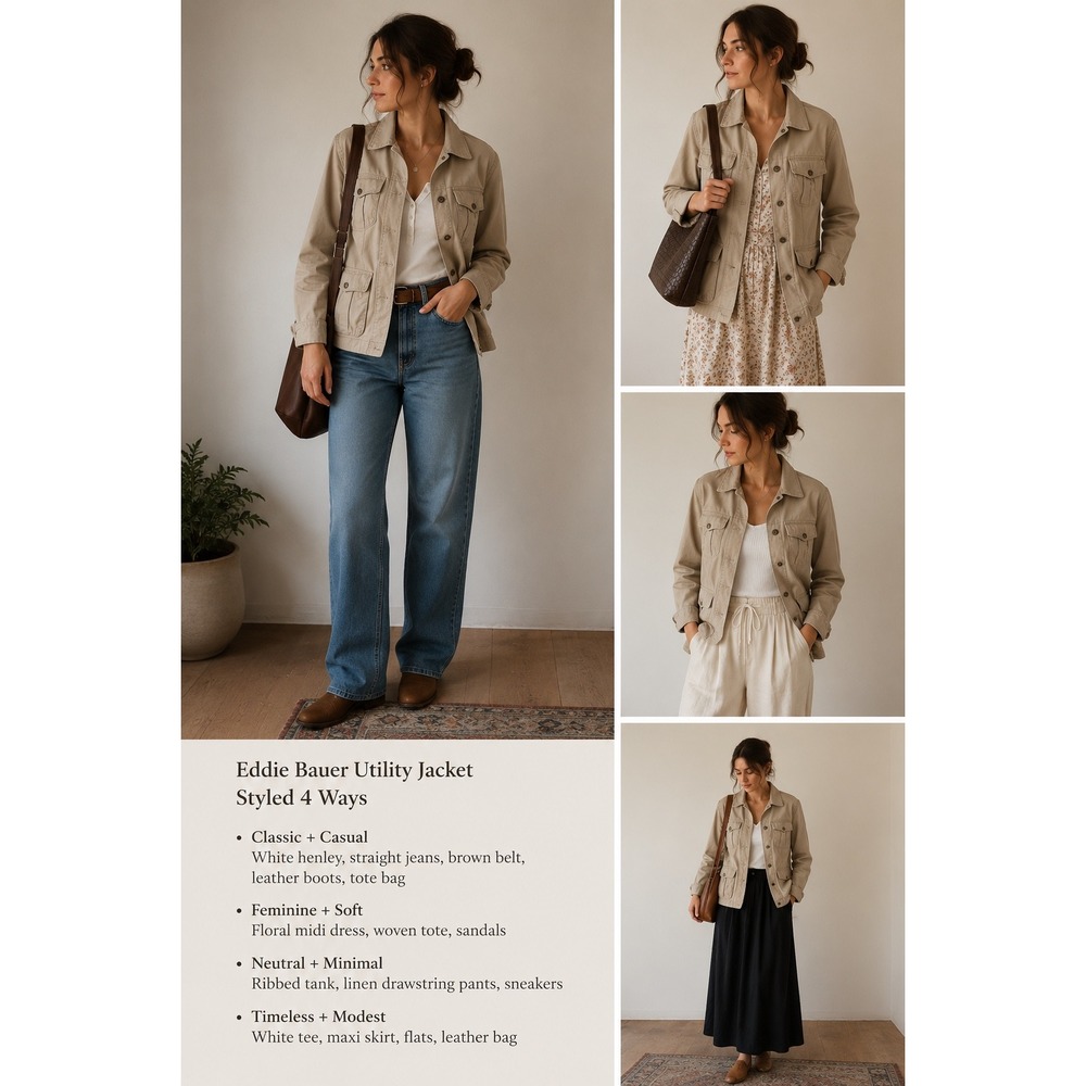 Eddie Bauer Utility Jacket Womens Small Tan Khaki Cotton Field gorpcore outdoors